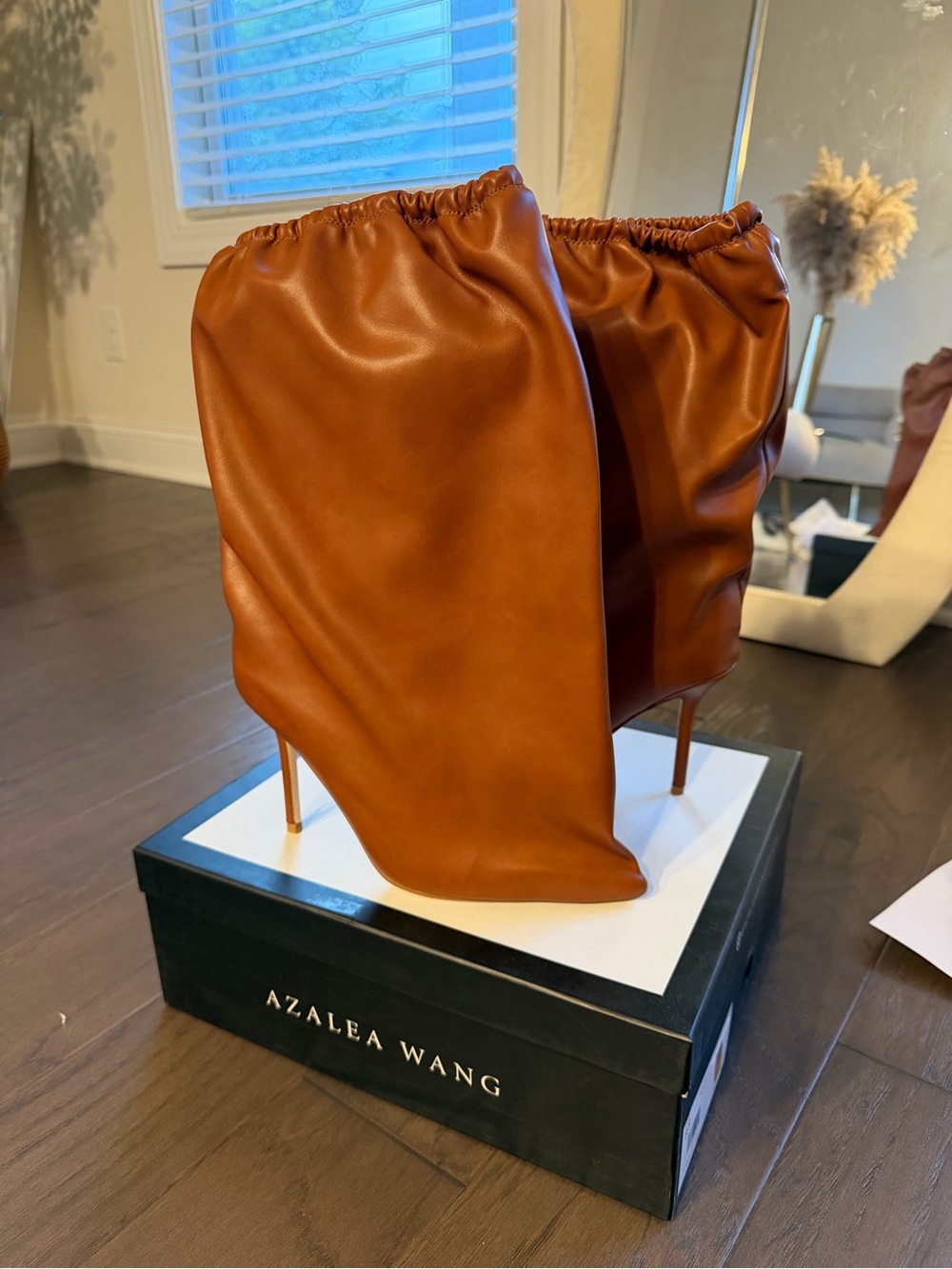 Azalea Wang Tan Faux Leather Stiletto Ruched Boots